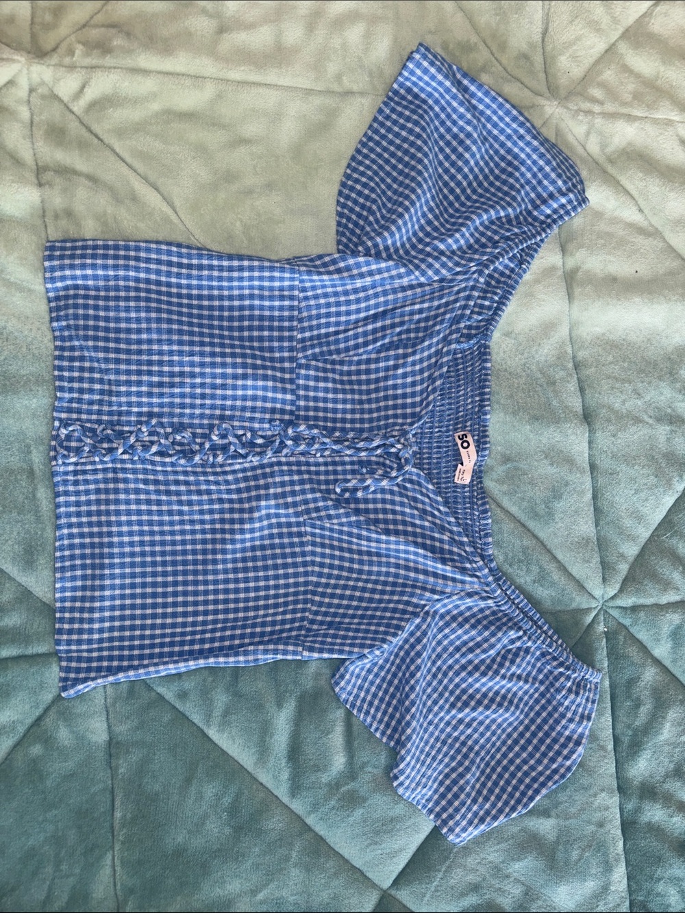 SO Blue Gingham Off-Shoulder Ruffle Front Blouse